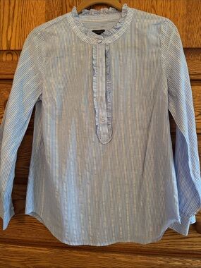Talbots Light Blue & White Striped Ruffle-Placket Blouse